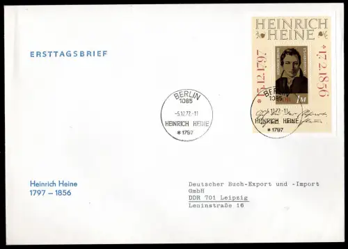 DDR, FDC Block "175. Geburtstag von Heinrich Heine"