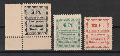Ründeroth 3, 6 und 12 Pfg., mit und ohne Unterdr., ** (MNH)