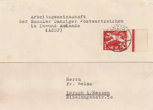 Danzig: Luftpostmarke Nr. 251 auf Karte nach Lorsch