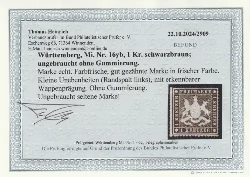 Württemberg: Nr. 16 y b, ungebraucht o.G., Befund Heinrich BPP