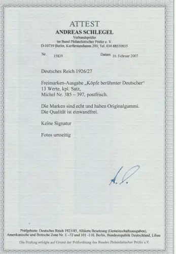 DR: "Berühmte Deutsche", postfrisch (MNH), Attest Schlegel