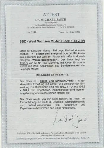 SBZ: Messeblock Westsachsen 5 Ya Z, SSt., Attest Dr. Jasch BPP