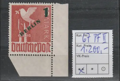Berlin 1 M Grünaufdruck mit PF II, MNH, Eckrand, Attest Schlegel