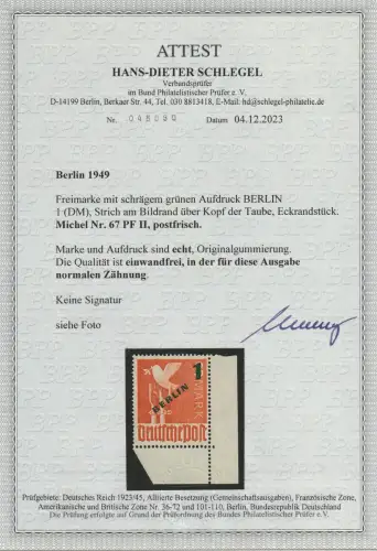 Berlin 1 M Grünaufdruck mit PF II, MNH, Eckrand, Attest Schlegel