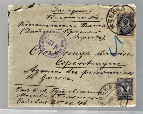 Einschreib-Auslands-Zensurbrief Moskau - Kopenhagen, 1916