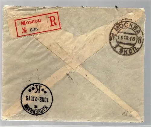 Einschreib-Auslands-Zensurbrief Moskau - Kopenhagen, 1916