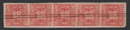 Bayern: Nr. 13a im waager. 5er-Streifen, fiskalisch entwertet, Attest Sem BPP