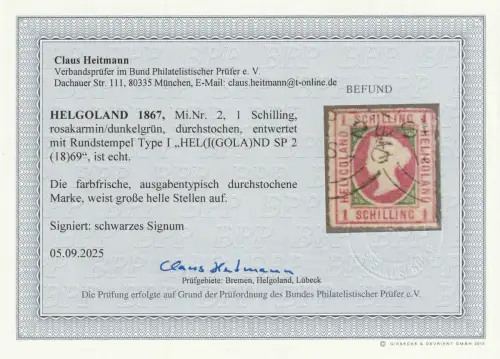 Helgoland Nr. 2, gestempelt, BPP-Befund