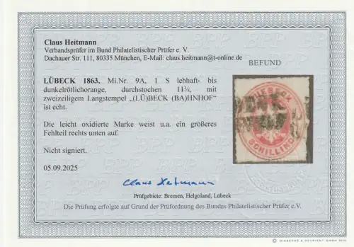 Lübeck Nr. 9A, gestempelt, BPP-Befund