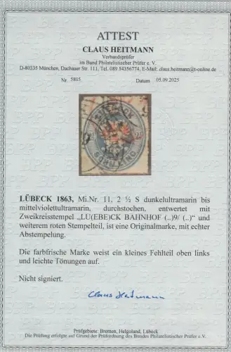 Lübeck Nr. 11, gestempelt, BPP-Attest
