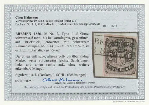 Bremen Nr. 2, gestempelt, BPP-Befund