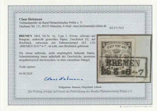 Bremen Nr. 6x, Briefstück, BPP-Befund