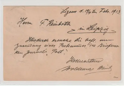 Russland: Karte von Ligowo nach Leipzig 1913, geprüft
