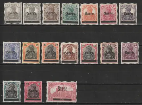Saargebiet, 1. Freimarkensatz (1 - 17), postfrisch **, geprüft