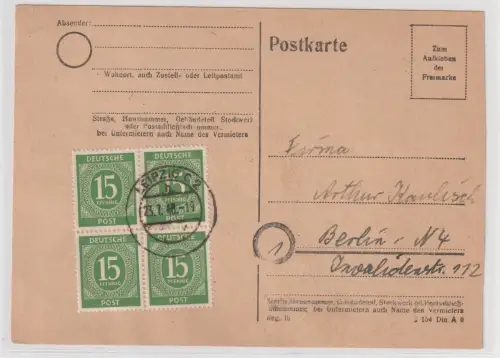 10-fach-Frankatur mit 4x 15 Pfg. Ziffer, portorichtig auf Fernkarte
