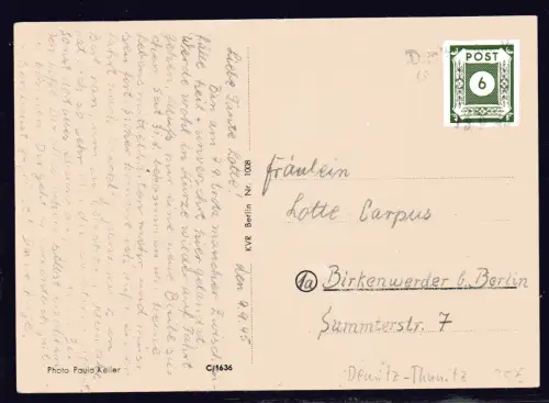 SBZ, Fernkarte mit Notstempel Demitz-Thunitz