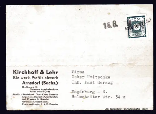 SBZ, Fernkarte mit Notstempel Arnsdorf "a"