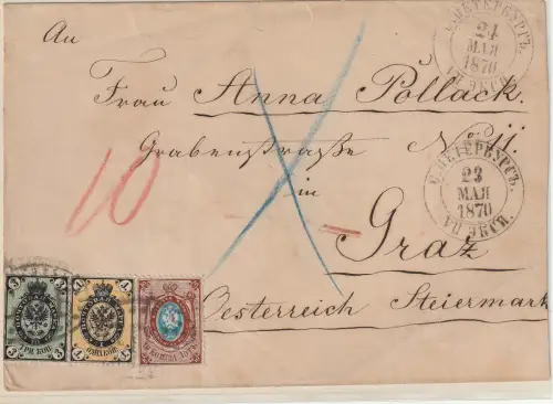 Russland 1870: Brief nach Österreich mit Fehldruck 19xF