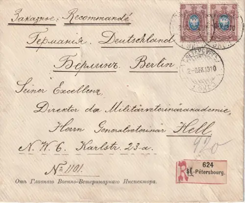 Russland 1910: Einschreibbrief von St. Petersburg nach Berlin
