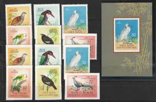 Vietnam: Vögel gezähnt, geschn. und Block, postfrisch