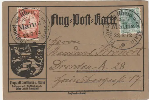 DR., Rhein-Main Flug.-Karte Mi.-Nr. II ab Mainz 22.6.12