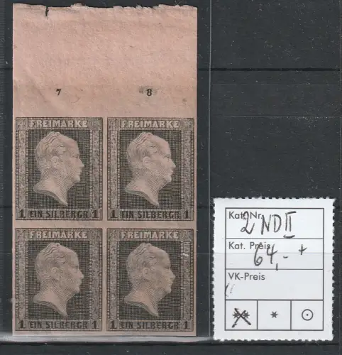 Preußen: Nr. 2 im Neudruck II, 4er-Block vom Oberrand, postfrisch, geprüft 