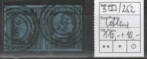 Preußen: Nr. 3 im waager. Paar, Nummernstpl. 252 (Coblenz), geprüft