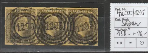 Preußen: Nr. 4a waager, 3er Streifen, Nummernstempel 1295 (Sagan), geprüft