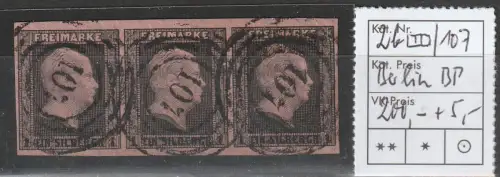 Preußen: Nr. 2b waager, 3er Streifen, Nummernstempel 107 (Berlin BP), geprüft