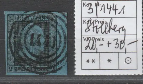 Preußen: Nr. 3, Randstück, Nrnstpl. 1441 (Stollberg), geprüft