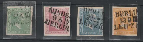 Preußen: Nr. 9 - 12 Briefstücke mit ausgesucht klaren Zugstempeln, geprüft