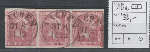Preußen: Nr. 10a im Dreierstreifen, zentr. gest. Aachen, geprüft