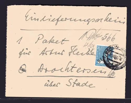Berlin, Mi.-Nr. 8 als EF. auf provis. Einlieferungsschein für 1 Paket.