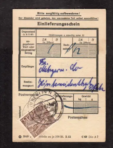 Berlin, Einlieferungsschein mit EF. Mi.-Nr. 48 von 1952