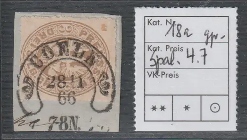 Preußen: Nr. 18 mit Hufeisenstempel Coeln (Posthorn), Briefstück gepr.