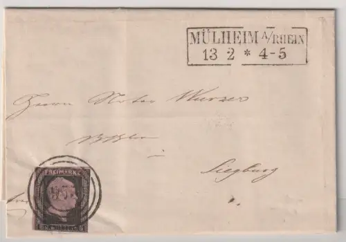 Preußen: Nr. 2 b auf vollst. Brief von Mülheim nach Siegburg, gepr.