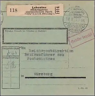 Carte de paquet 1941 Lehesten/Thüringen à RPD, chef de district Postschutz Würzburg