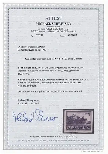 Generalgouvernement (GG) Probedruck - Michel Nr. 114P3; BPP Foto Attest