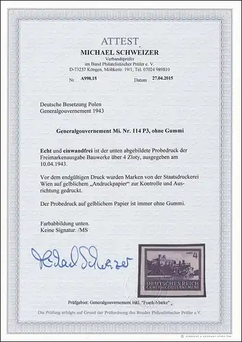 Generalgouvernement (GG) Probedruck - Proof - 114P3; BPP Foto Attest