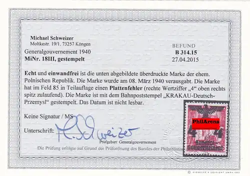 Generalgouvernement (GG) MiNr. 18III, gestempelt, BPP Fotobefund