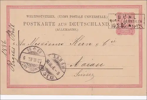 Elsass: 1886, Ganzsache DR von Bühl nach Aargau (Schweiz)