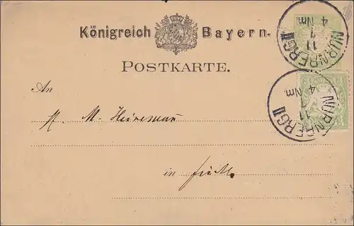 Bayern: 1907: Ganzsache  mit Zusatfrankatur von Nürnberg II nach Fürth