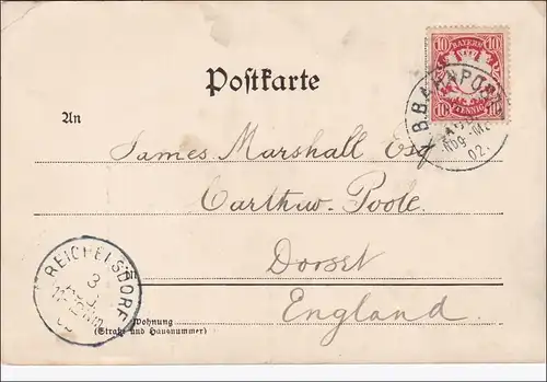 Bayern: 1902: Postkarte von Nürnberg  (Bahnpost) nach Dorst in England