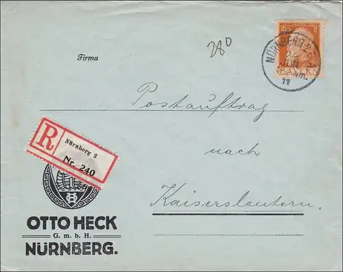 Bayern: 1911: Brief von Nürnberg nach Kaiserslautern - Postauftrag