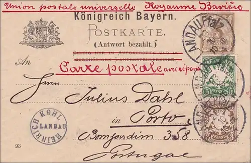 Bayern: 1894 Postkarte, bezahlte Antwort von Landau (Pfalz) nach Portugal