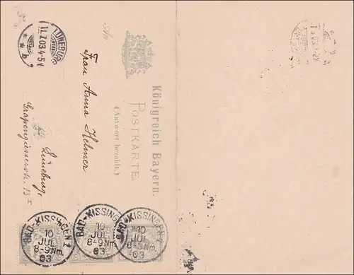 Bavière: 1903, entier (réponse payée) de Kissingen à Lüneburg