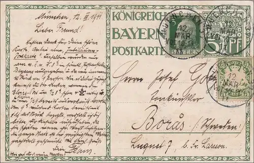 Bavière: 1911, entier de Munich à Borås/Suède