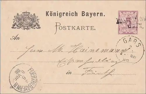 Bavière: 1888, entier dépôt postal vers Fürth