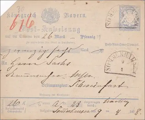 Bayern: 1878 Post-Anweisung von Sommerhausen nach Schweinfurt