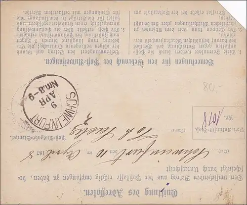 Bavière: 1878 Post-Instruction de Sommerhausen vers Schweinfurt